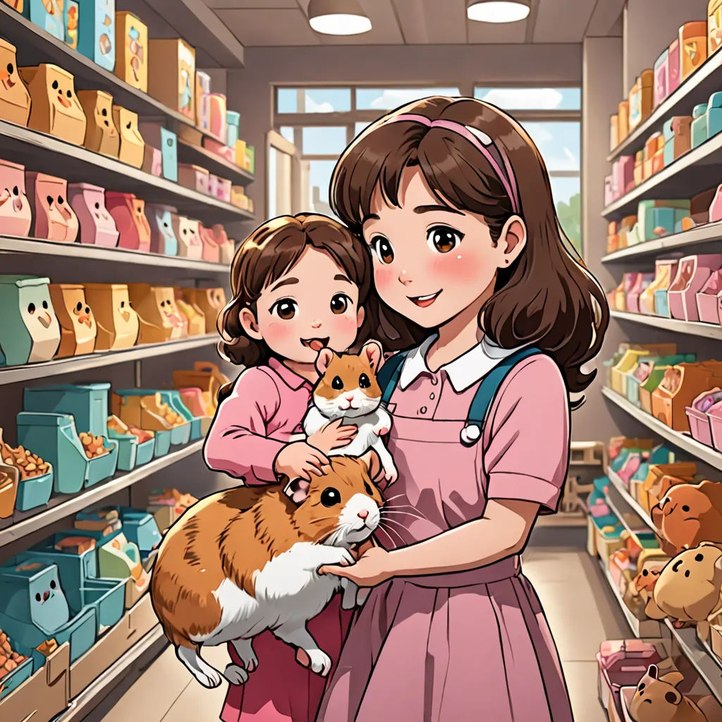 a woman and a girl holding a hamster in a store aisle with shelves full of stuffed animals and teddy bears, lyco art, a storybook illustration, Chen Hong, official art