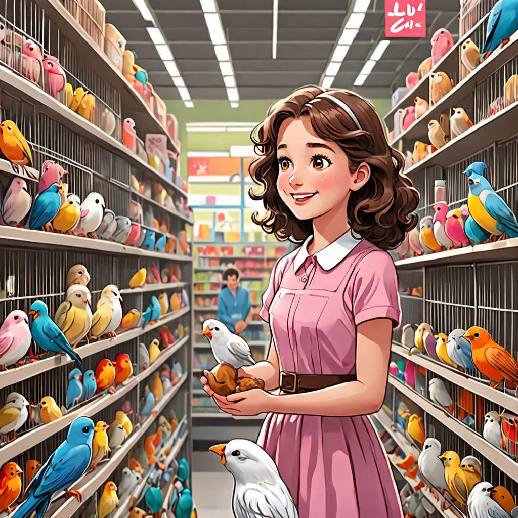 a girl in a pink dress holding a bird in a store aisle with shelves full of birds and a man in the background, remodernism, a stock photo, Chen Hong, birds