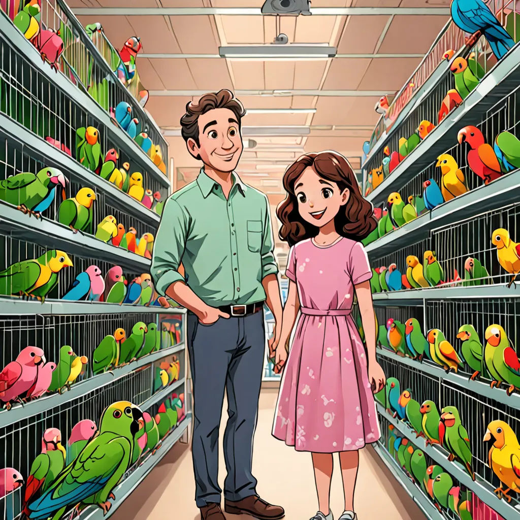 a man and a woman standing in a bird store with many birds in cages behind them and a bird cage behind them, lyco art, a storybook illustration, Adam Rex, promotional image