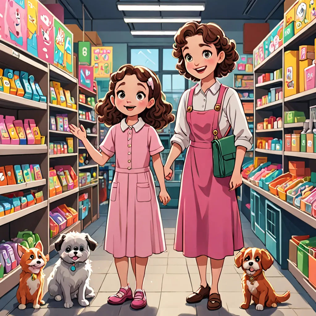 a woman and a girl are standing in a store with their dogs and puppies in front of them, remodernism, a storybook illustration, Anne Said, official art