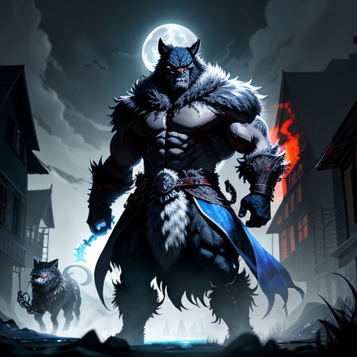 a man with a horned head and a sword in his hand standing in front of a city street at night