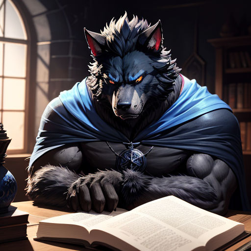 a wolf with a cape sitting at a desk with a book and a vase on it's side