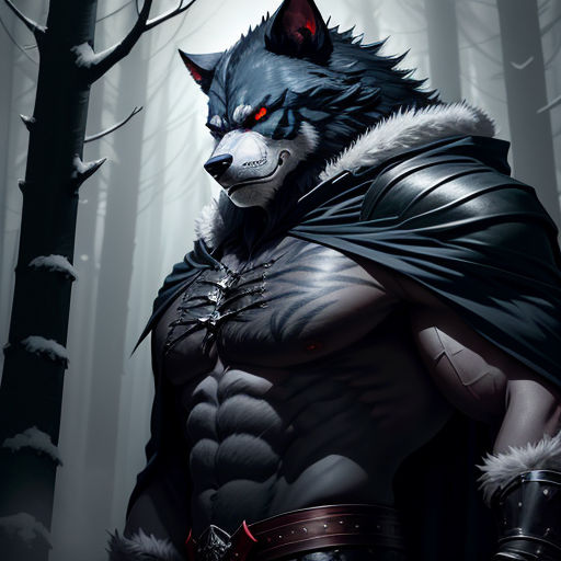 a wolf in a black outfit standing in the woods with a red eye and a black cape on his head
