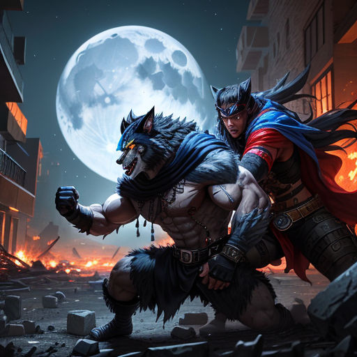 a man in a costume is fighting with a wolf in a city at night with a full moon in the background