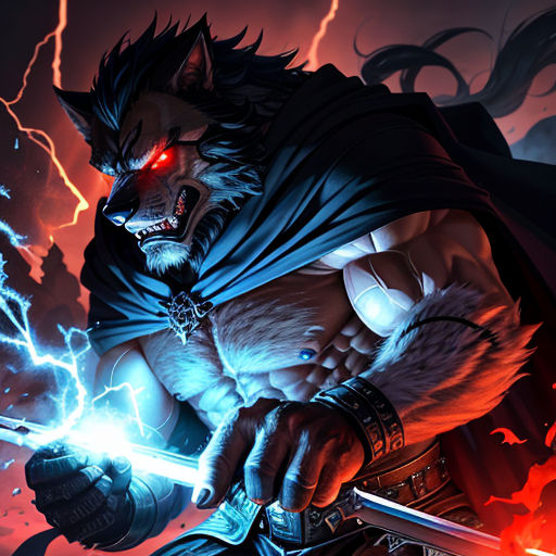 a man with a sword in his hand and a demon on his shoulder, with lightning behind him, in a dark, evil scene