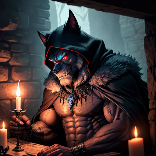 a man in a demon costume sitting at a table with a candle in his hand and a demon mask on