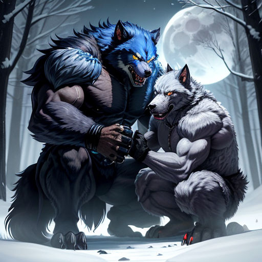 two wolfs in the snow with a full moon in the background and a wolf holding a wolf's paw