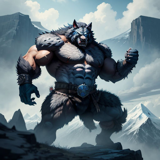 a man with a big furry animal like body and a helmet on his head, standing in front of a mountain