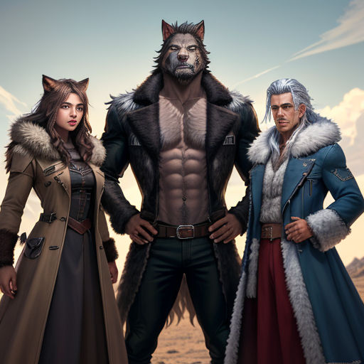 a group of people standing next to each other in front of a desert landscape with a wolf on the back of the man