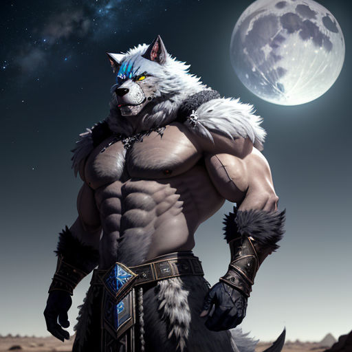 a wolf with a big furry head and a big chest standing in front of a full moon and stars