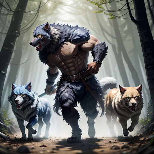 a man with two wolfs walking through a forest with trees and leaves on the ground, with a wolf on the ground
