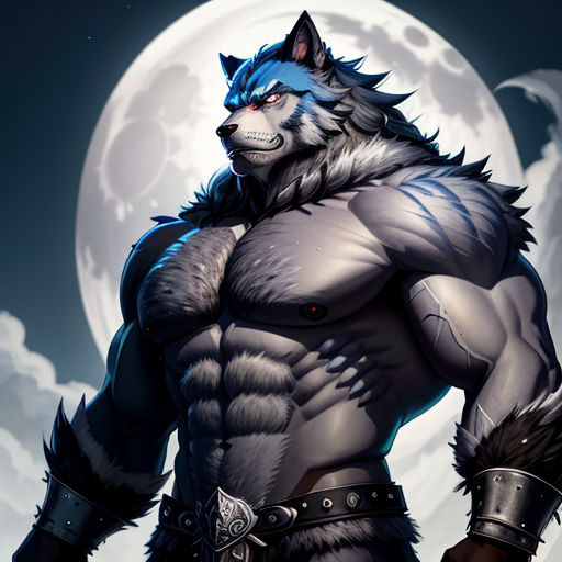 a wolf with a sword standing in front of a full moon with a full moon behind it and a wolf's head