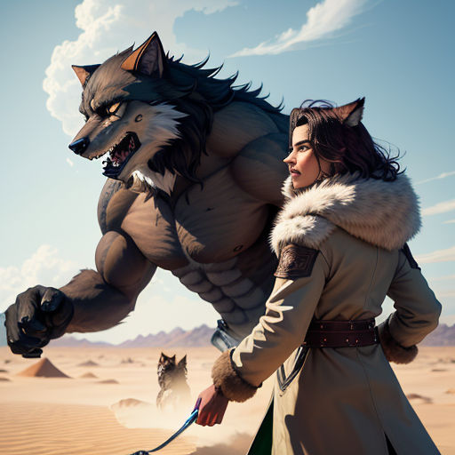 a woman in a coat and a wolf costume walking a dog in the desert with a sky background and clouds