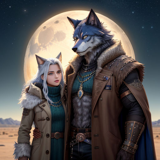 a couple of people standing next to each other in front of a full moon and a wolf head on the wall