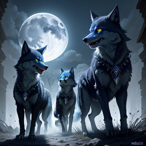 three wolfs standing in front of a full moon with a full moon in the background and a full moon in the sky