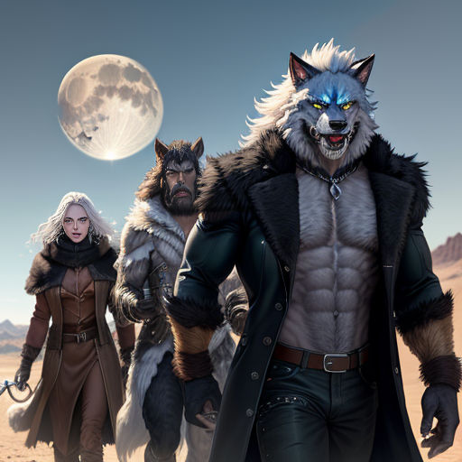 a group of people in costume walking through a desert area with a full moon in the background and a wolf in the foreground