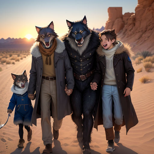 a group of people walking across a desert covered in animals and a dog in a costume and a man in a coat