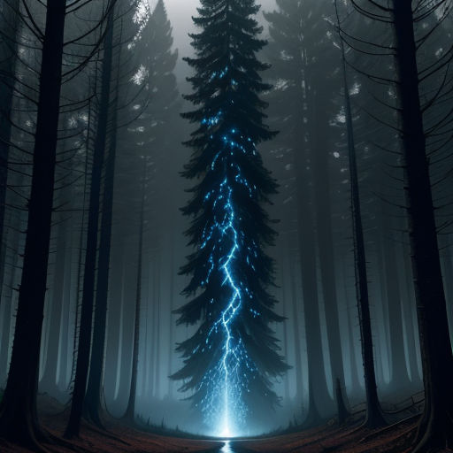 a blue christmas tree in a dark forest with a light trail going through it's branches in the middle of the night