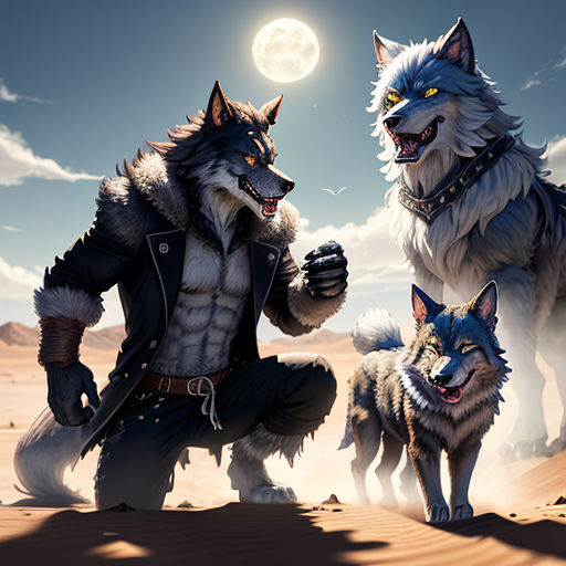 a couple of wolf standing next to each other on a desert field with a full moon in the background