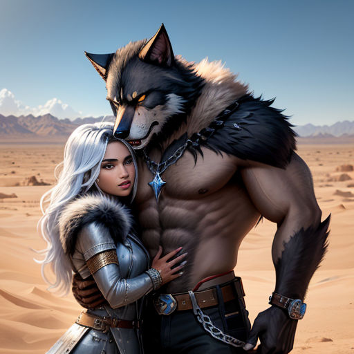 a woman and a wolf are standing in the desert together, with a desert background and a sky in the background