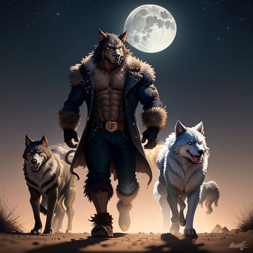 a man with a wolf pack walking in the desert at night with a full moon in the background and a wolf behind him