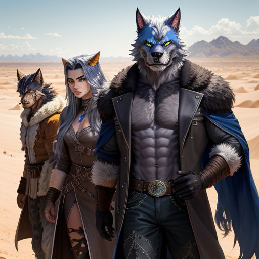 a group of people in costume standing in the desert with wolf heads on their shoulders and a wolf on their chest