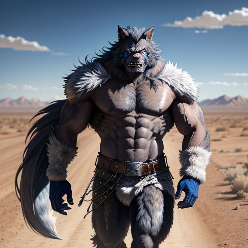a man in a furry costume walking down a dirt road in the desert with a wolf like outfit on