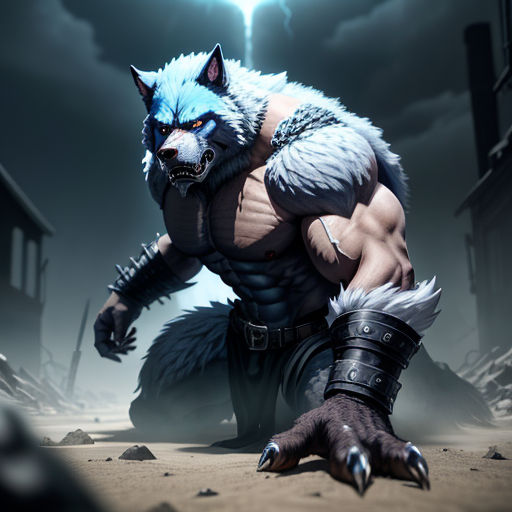 a wolf with a massive chest and claws on his chest, standing in a dark alley with a glowing light behind him