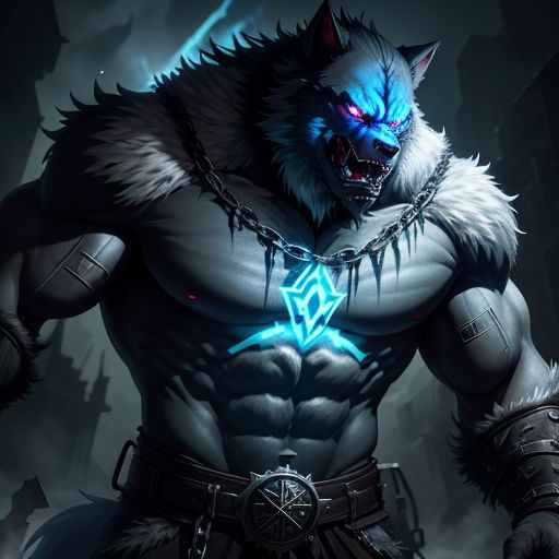 a wolf with a chain around his neck and glowing eyes, with a glowing blue light on his chest