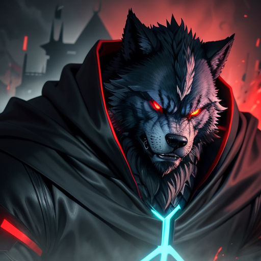 a wolf with a sword in his hand and a red light in his eyes is in the background of a dark background