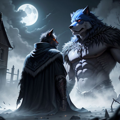 a wolf and a man in a cloak standing in front of a full moon with a house in the background