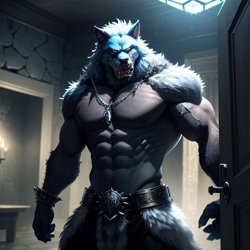 a man dressed as a wolf with a chain around his neck and a chain around his neck, standing in a doorway