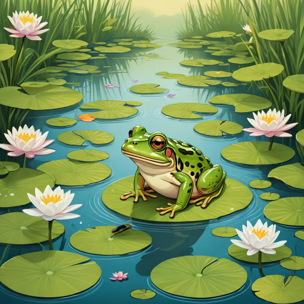 a frog sitting on a lily pad in a pond with lily pads and water lilies around it illustration, fantasy art, a storybook illustration, Andries Stock, highly detailed digital painting