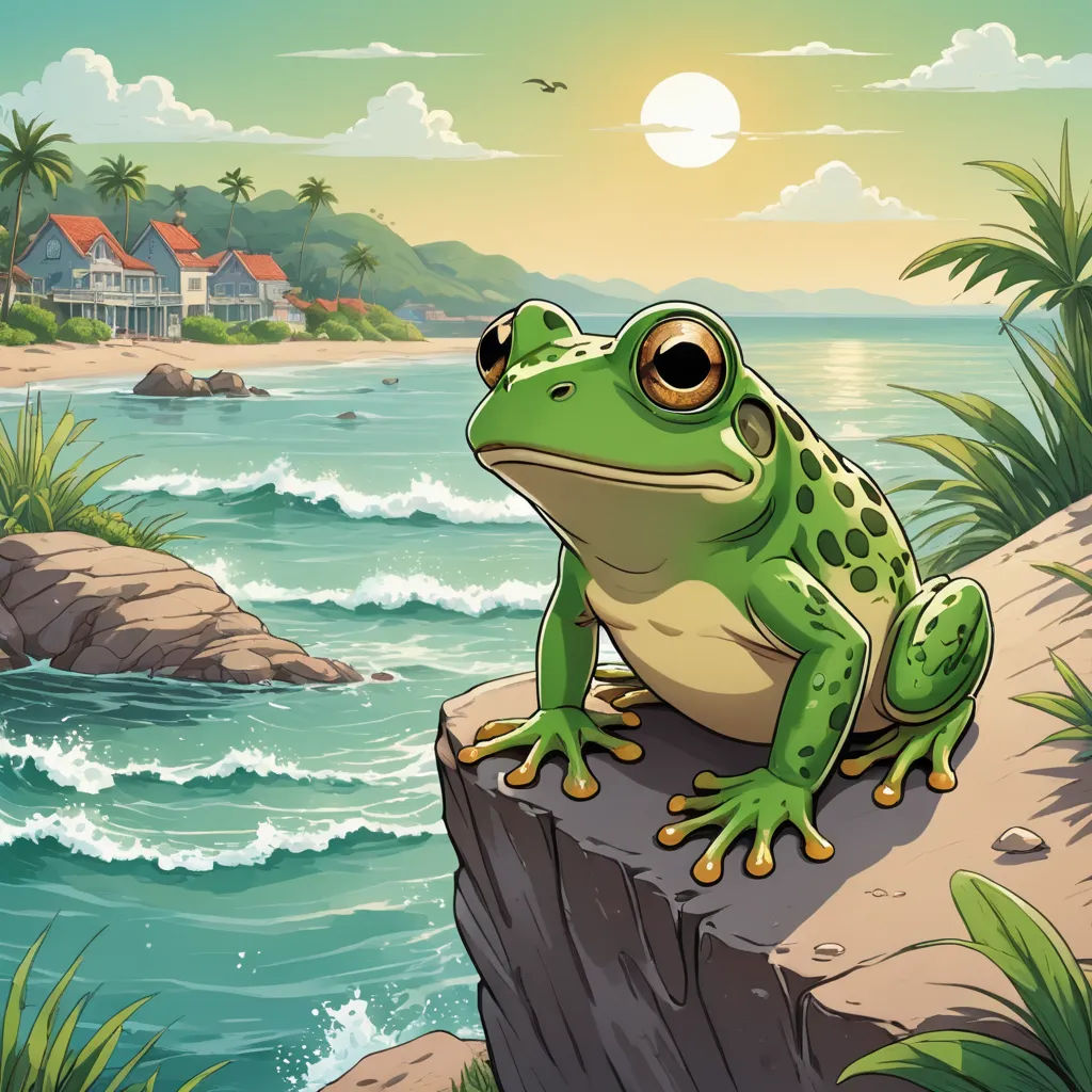 a frog sitting on a rock near the ocean and a house on the shore with a sunset in the background, fantasy art, a storybook illustration, Andries Stock, official art
