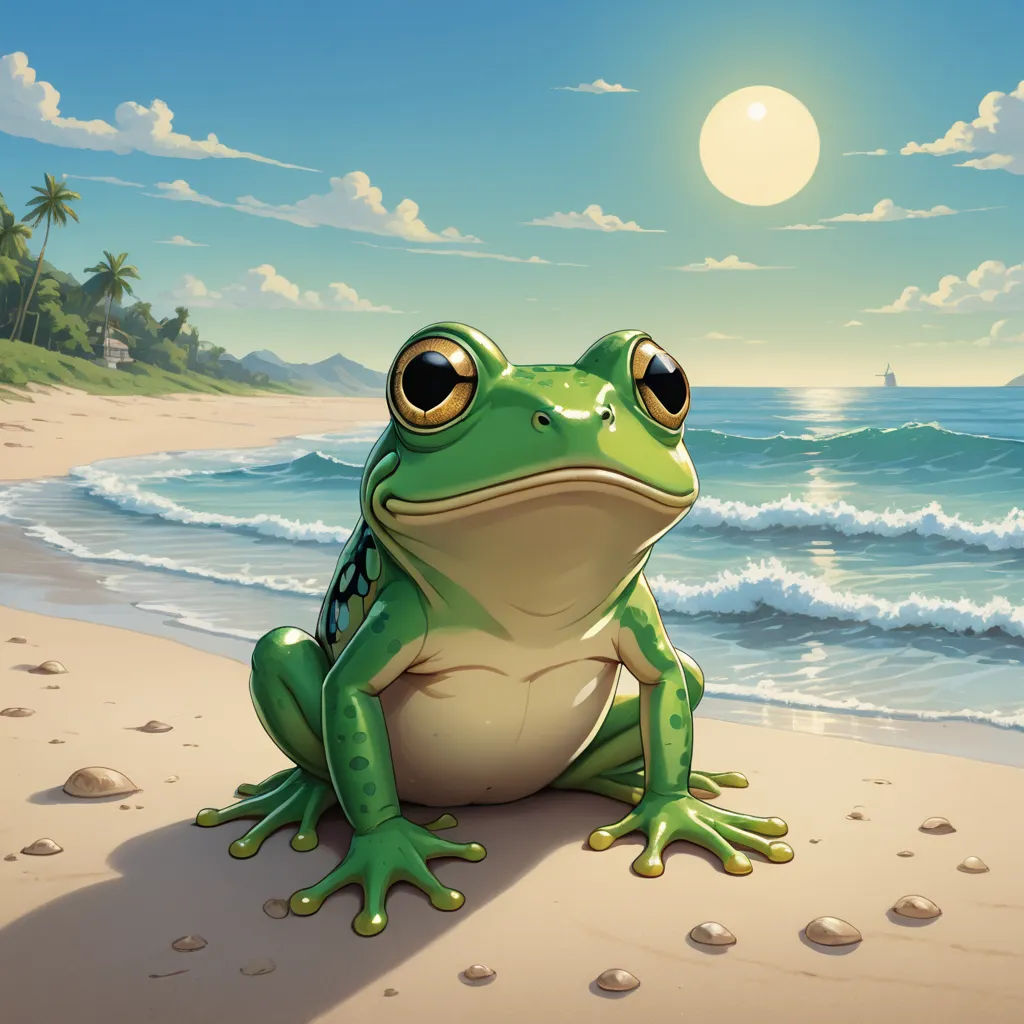 a frog sitting on the beach with the sun in the background and a beach with waves crashing in the foreground, fantasy art, a digital painting, Chris LaBrooy, magic the gathering artwork