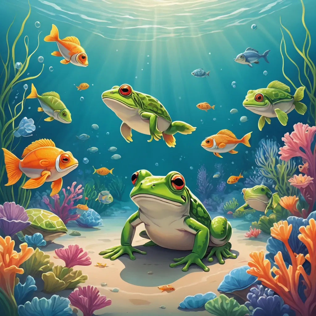 a frog and two fish swimming in the ocean with corals and algaes around it illustration by klare, fantasy art, a storybook illustration, Chris LaBrooy, highly detailed digital painting