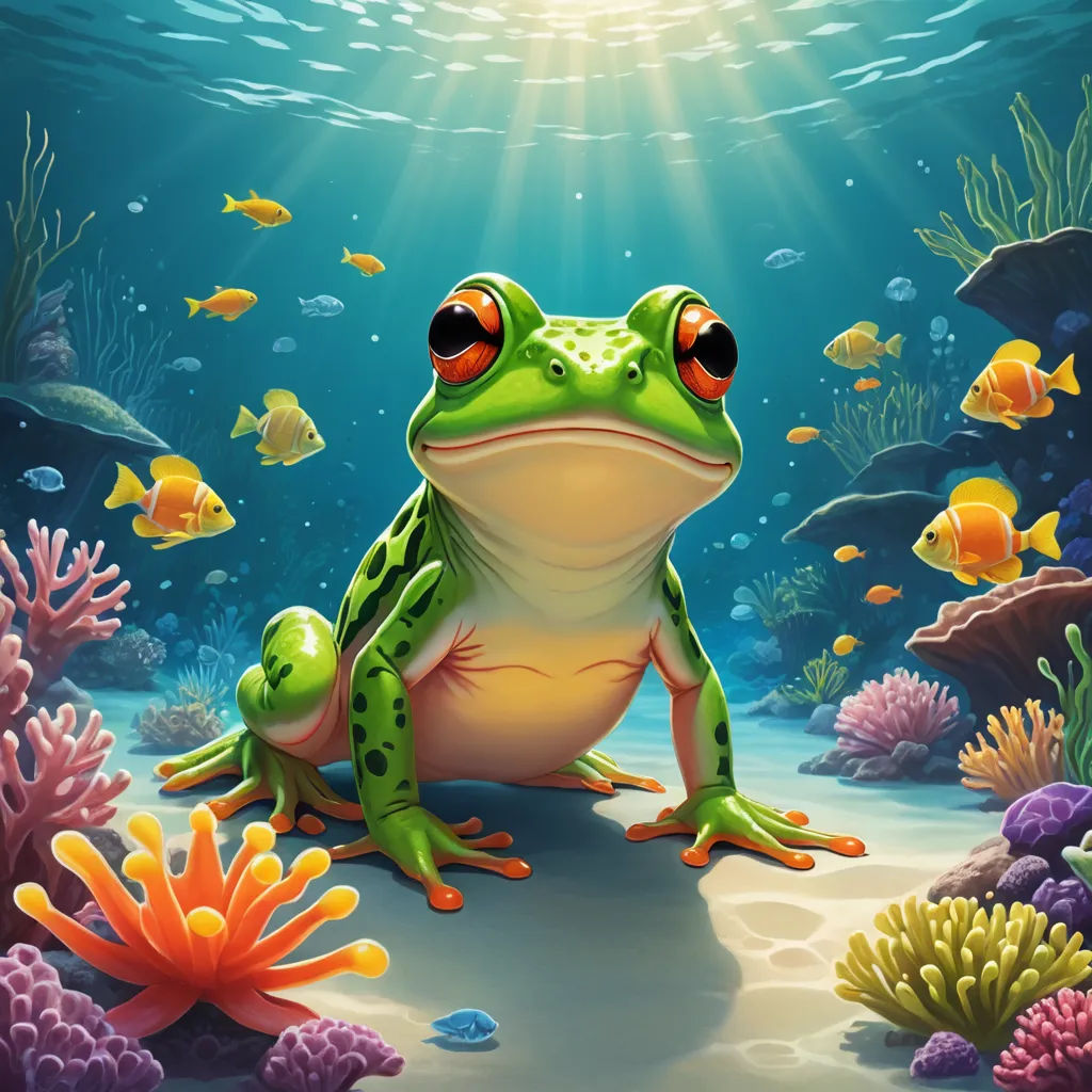 a frog sitting on the ground under the water with a sunbeam in the background and fish swimming around, fantasy art, an airbrush painting, Chris LaBrooy, highly detailed digital painting