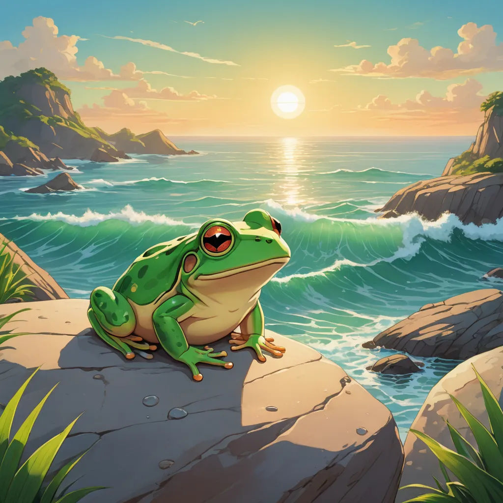 a frog sitting on a rock in front of the ocean at sunset with the sun shining behind it and a wave coming in, fantasy art, a storybook illustration, Chris LaBrooy, kinkade