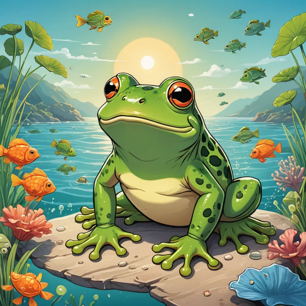 a frog sitting on a rock in the water with a fish in the background and a sun in the sky, fantasy art, a storybook illustration, Chris LaBrooy, official art