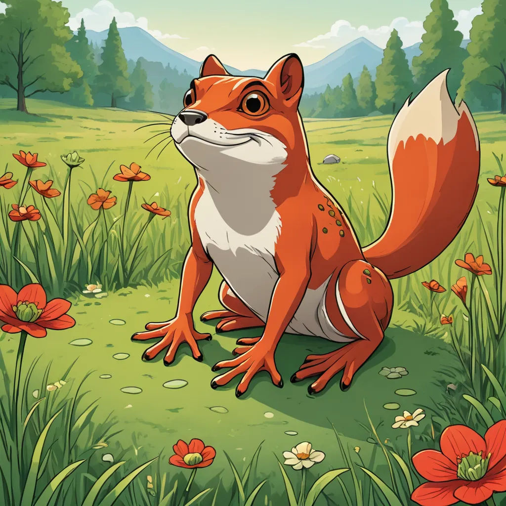 a cartoon red squirrel sitting in a field of flowers and grass with mountains in the background and a forest, sots art, a character portrait, Chris LaBrooy, game art