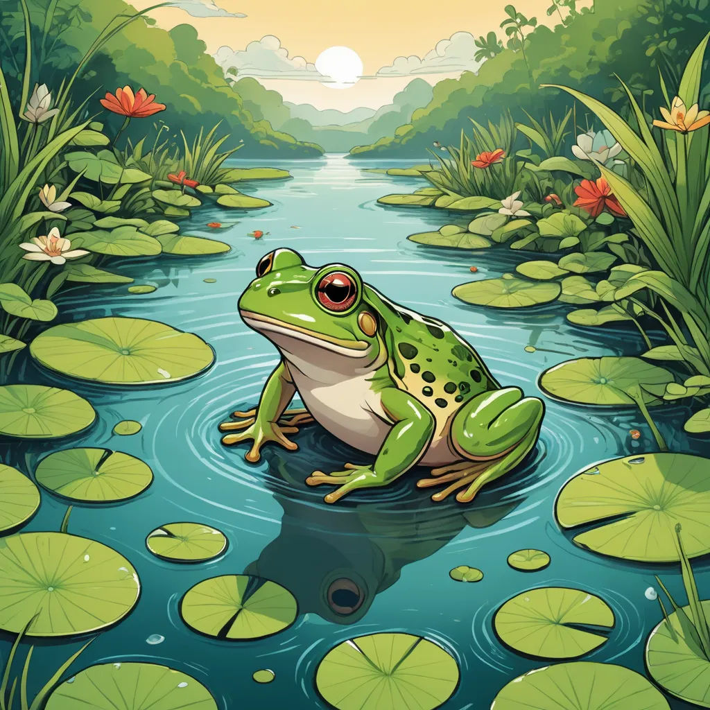 a frog sitting on a lily pad in a pond with lily pads around it and a sun in the background, ecological art, a storybook illustration, Andries Stock, rossdraws global illumination