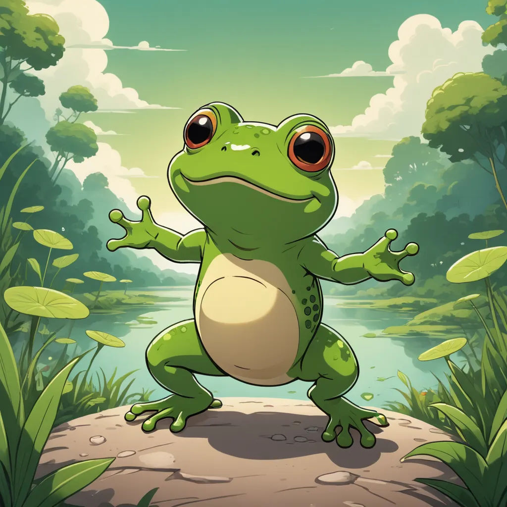 a frog is standing on a rock in the grass and looking at the camera with a smile on its face, fantasy art, a character portrait, Chris LaBrooy, game art