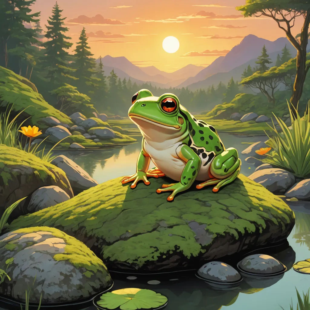 a frog sitting on a rock in a river at sunset with a mountain range in the background and a pond in the foreground, fantasy art, a storybook illustration, Andries Stock, kinkade