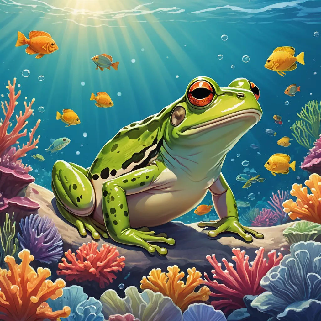 a frog sitting on a rock under the water with a fish nearby on a coral reef with a sunburst, fantasy art, a storybook illustration, Andries Stock, highly detailed digital painting