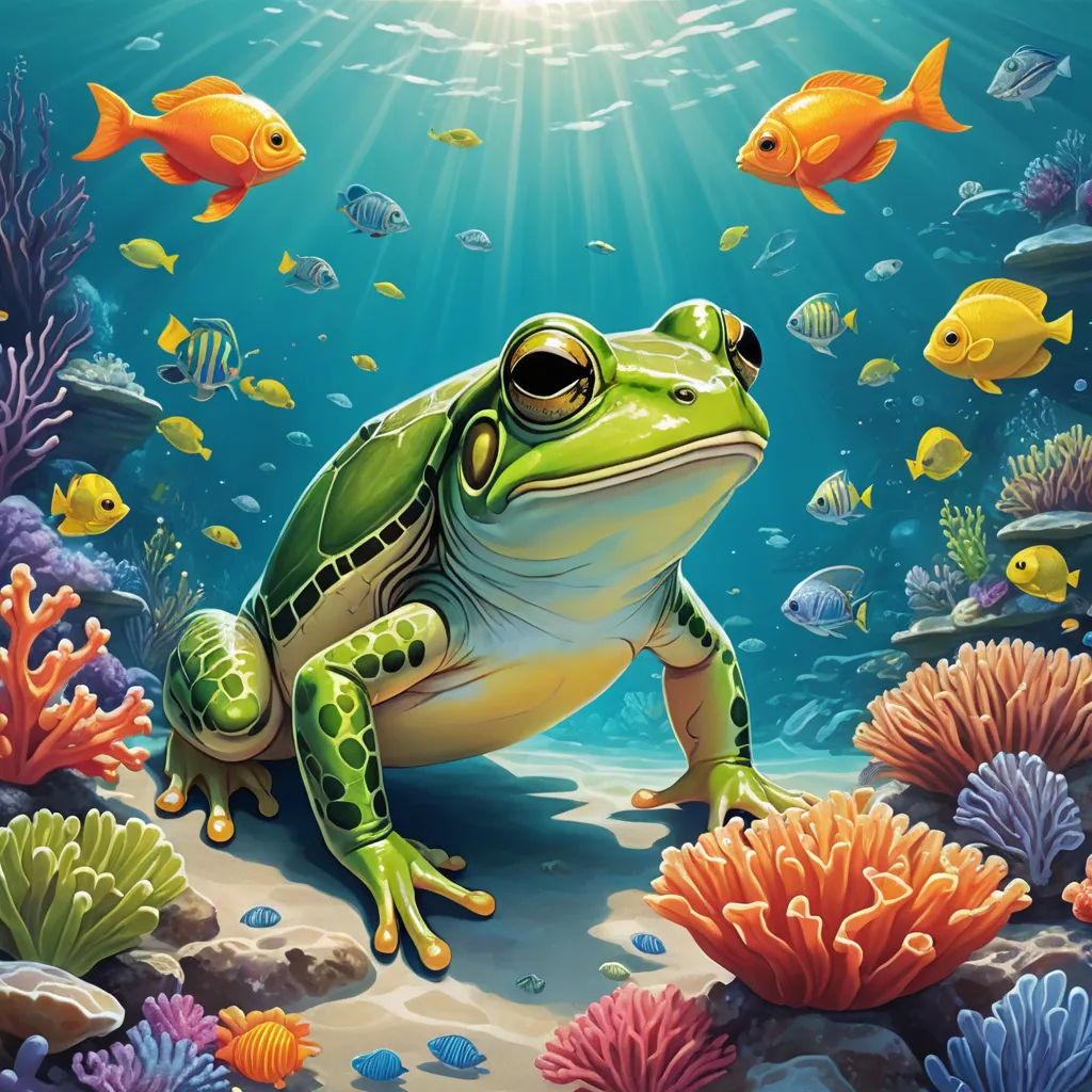 a frog sitting on the ground under water with fish around him and a sun shining above it, with a background of corals and fish, fantasy art, an airbrush painting, Andries Stock, highly detailed digital painting