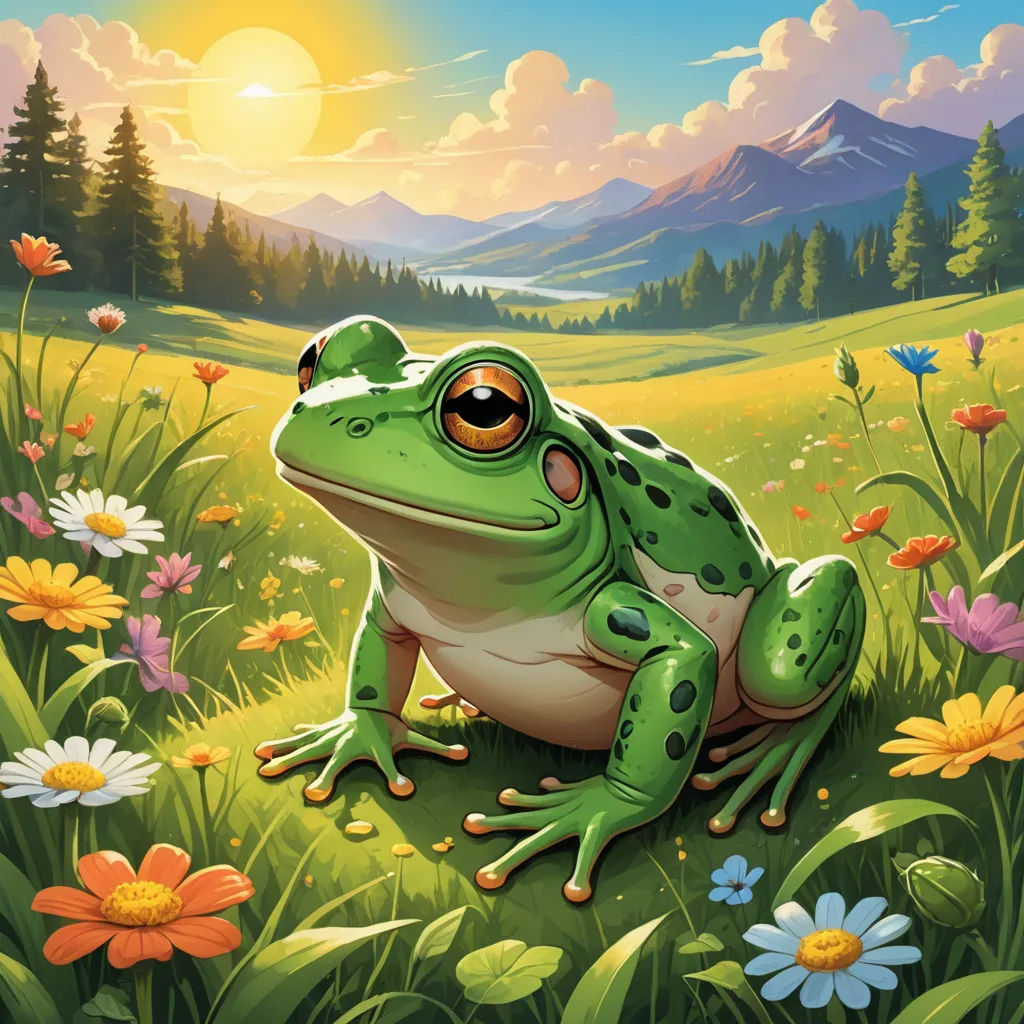 a frog sitting on a flowery field with a mountain in the background and a sun in the sky, fantasy art, a storybook illustration, Andries Stock, professional digital painting