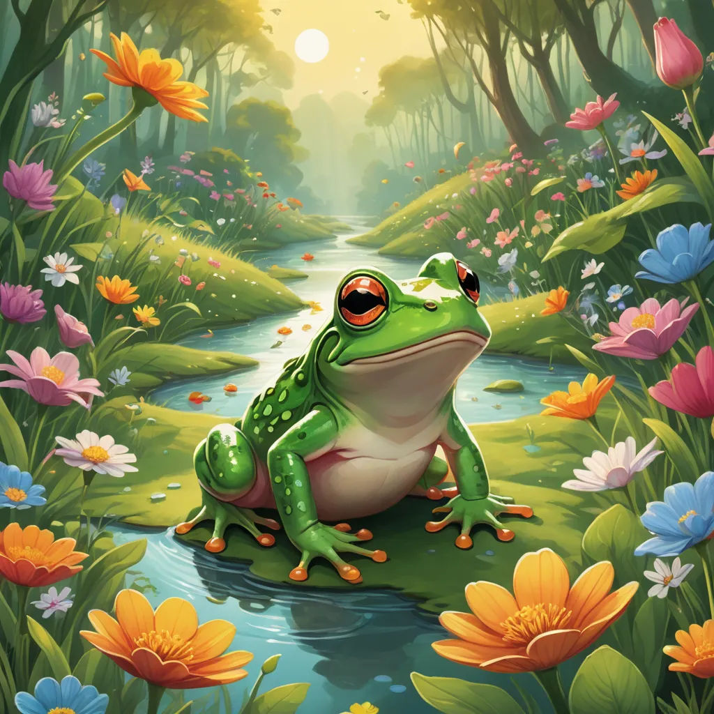 a frog sitting on a flowery patch of grass in front of a stream of water with flowers surrounding it, fantasy art, a storybook illustration, Chris LaBrooy, magic the gathering artwork