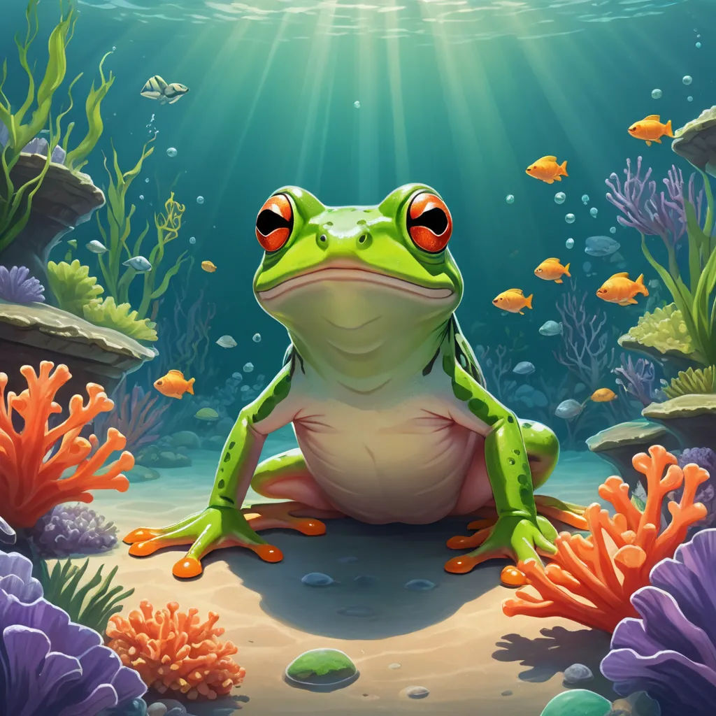 a frog sitting on the ground under the water with corals and fish around it, under the water is a bright sun, fantasy art, an airbrush painting, Chris LaBrooy, rossdraws global illumination