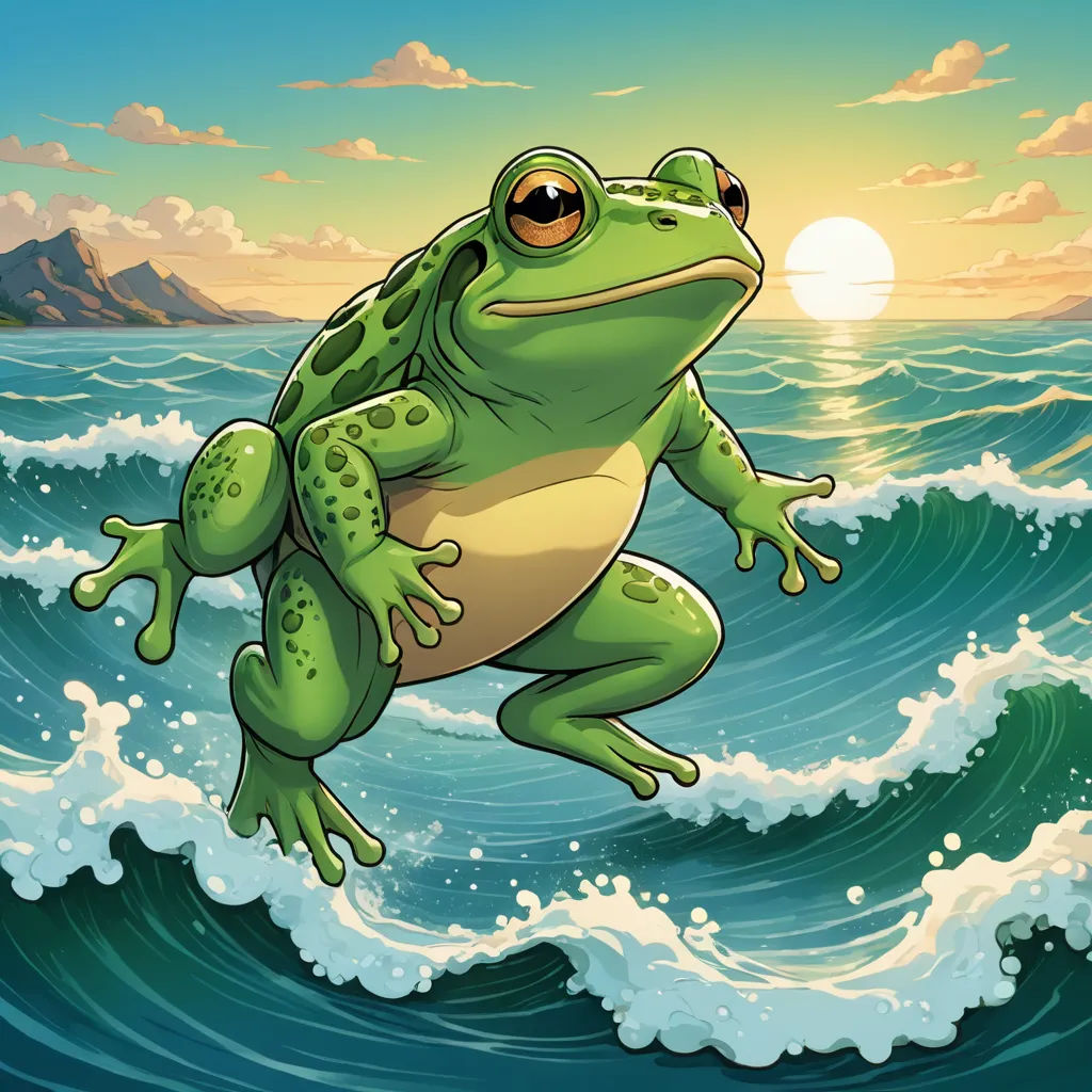 a frog is sitting on a wave in the ocean with a sun in the background and a mountain in the distance, fantasy art, a storybook illustration, Chris LaBrooy, official art