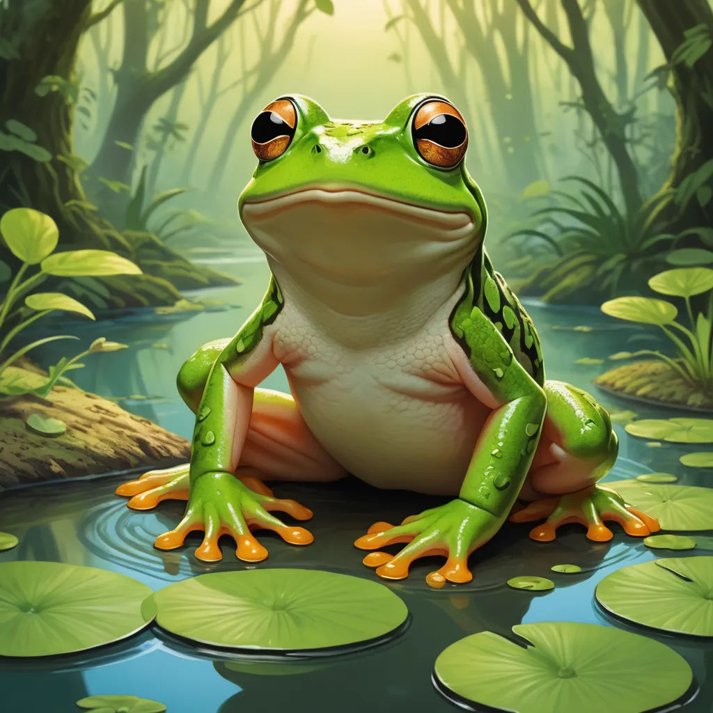 a frog sitting on a lily pad in a pond with lily pads around it and a sun shining through the leaves, fantasy art, a digital painting, Andries Stock, highly detailed digital painting